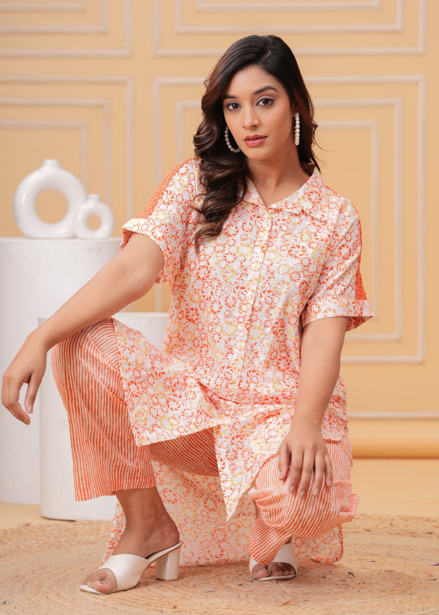 Spring Orange Kurta Set with Back Lace