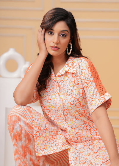 Spring Orange Kurta Set with Back Lace