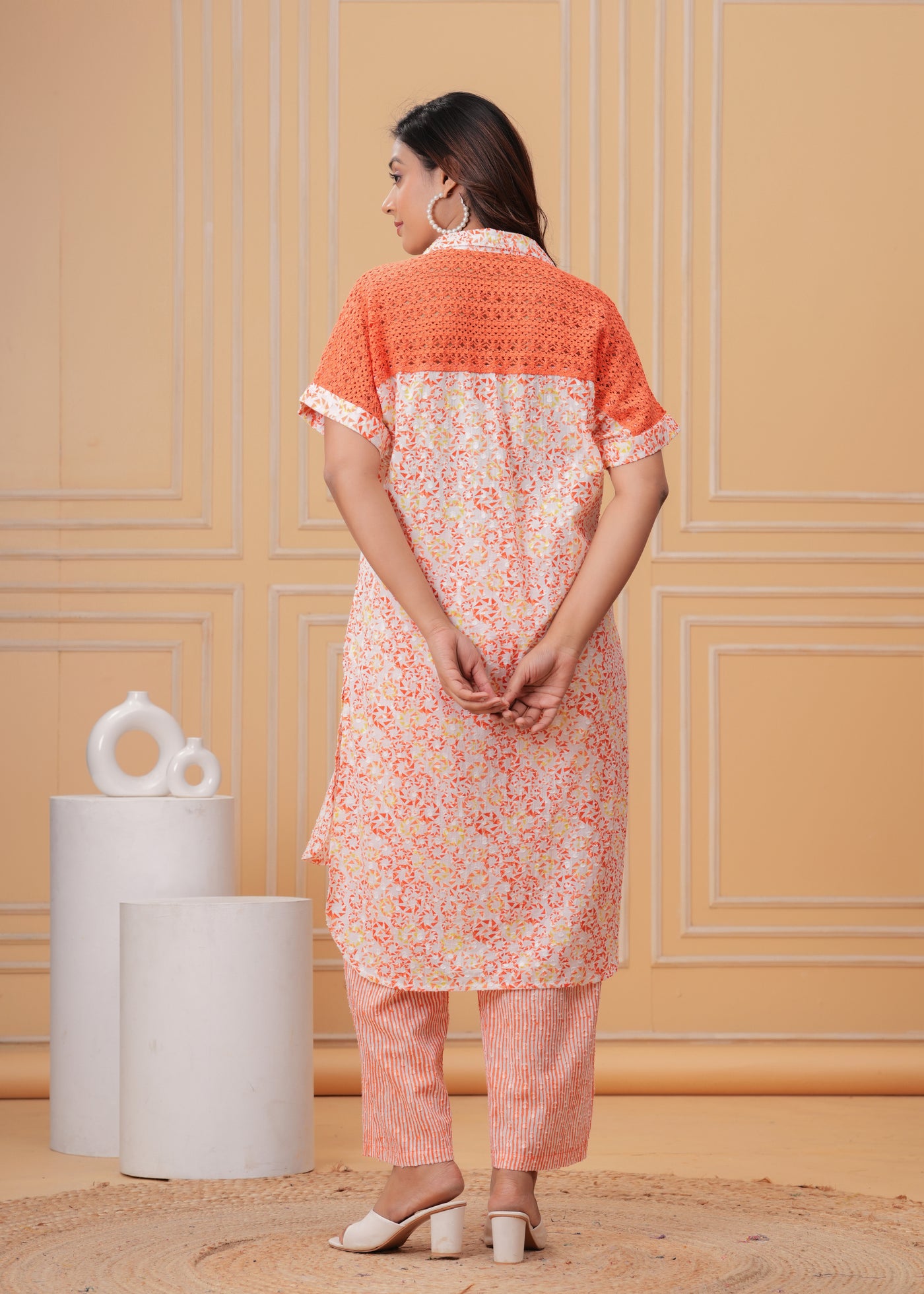 Spring Orange Kurta Set with Back Lace