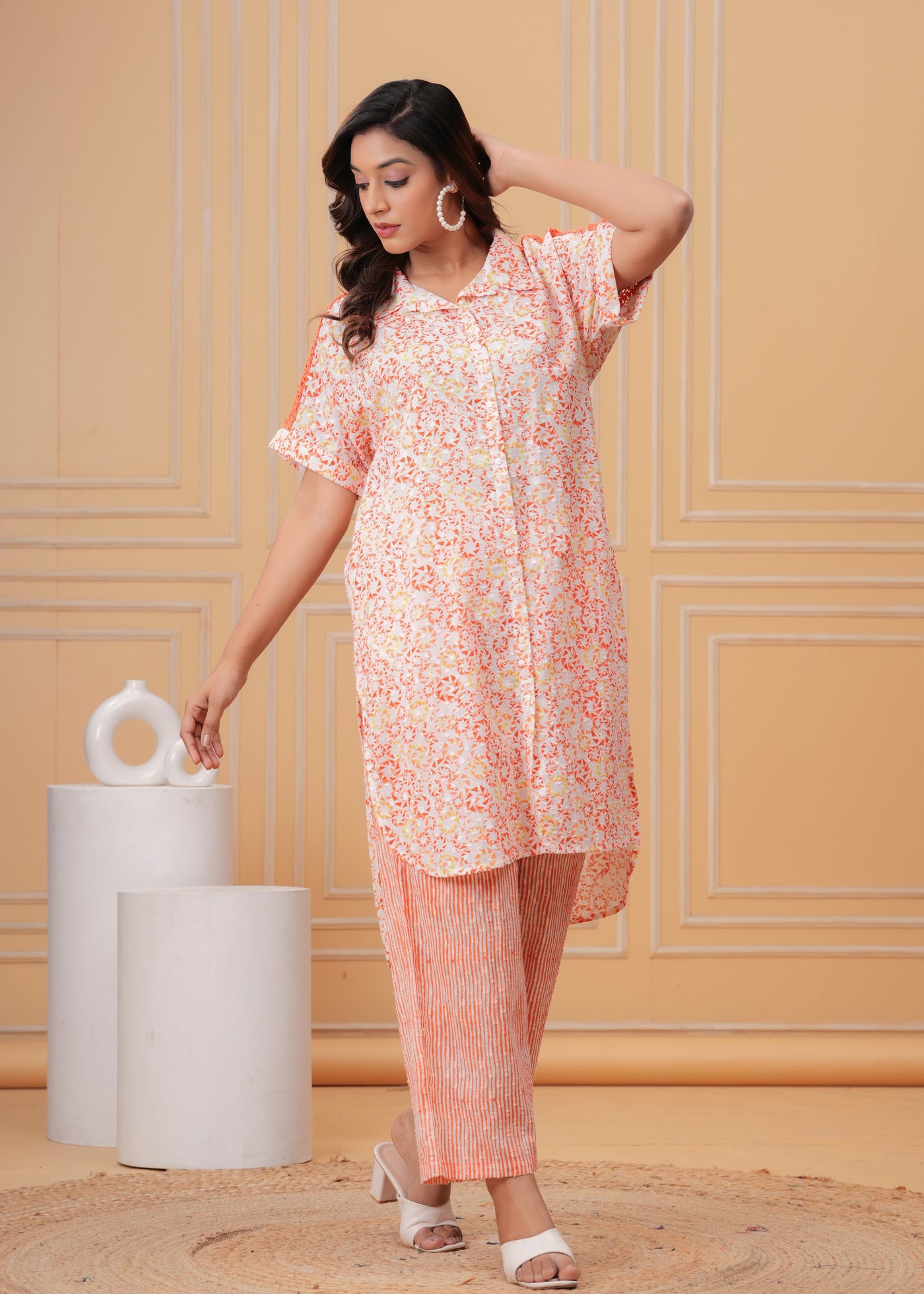 Spring Orange Kurta Set with Back Lace