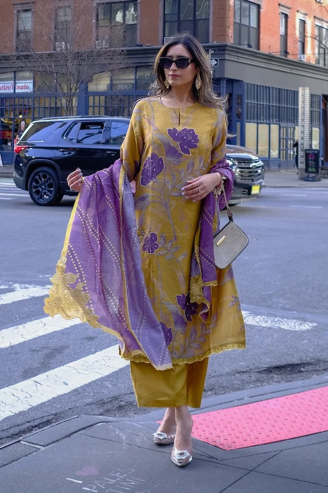 Yellow and Purple  Muslin Suit Set With Cut Work Dupatta