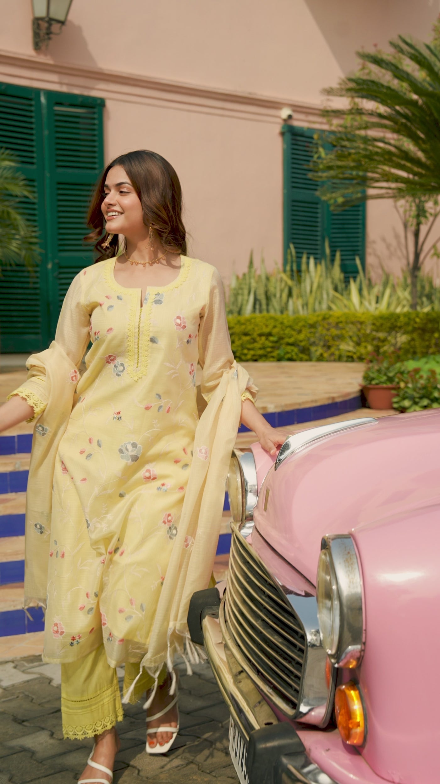 Yellow Spring Kota Doriya Thread Work Embroidery Suit Set with Lace