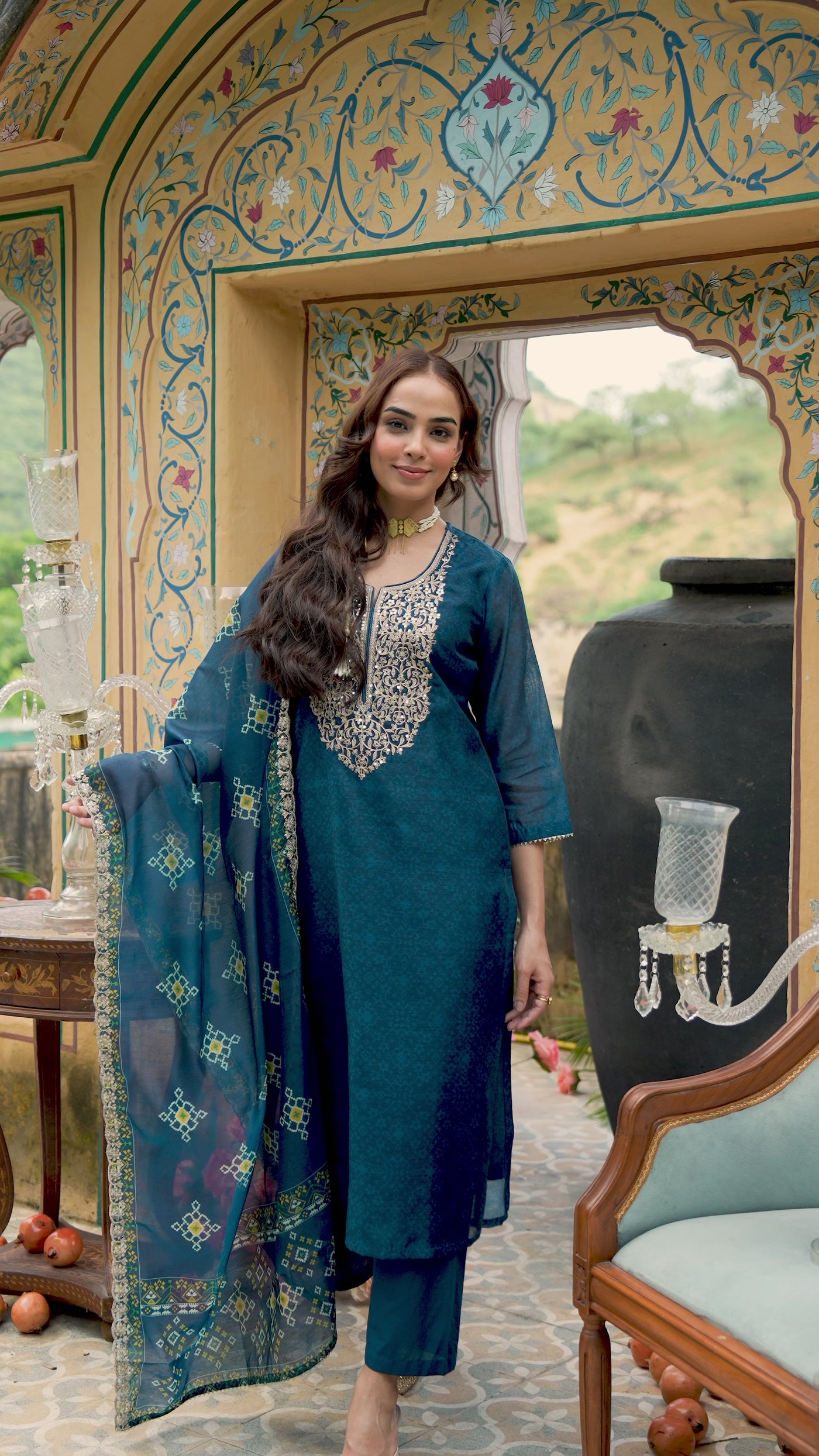 Red  Patola Chanderi Suit Set with Marodi Work