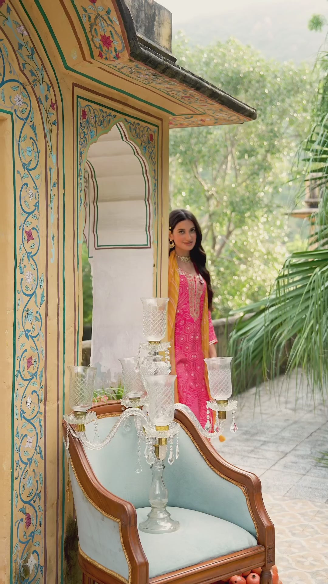 Pink and Yellow Bandhani Utsav Muslin Suit Set with Gota Work