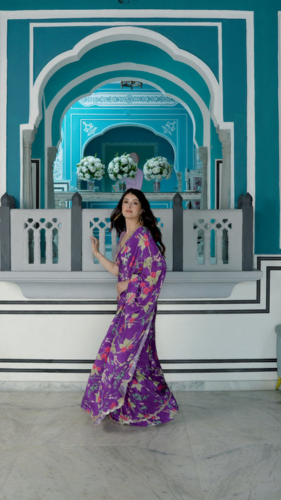 Purple Fleuriste Scallope Mirror Border Pure Crepe Saree