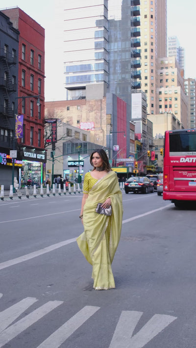 Mehandi green ZigZag Laheriya Pure Russian Silk Saree with Mirror Work and Scallope Border
