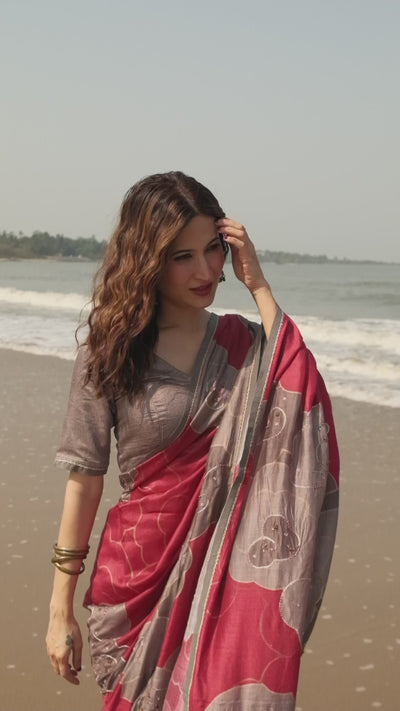 Red and Grey Beaded Floral Print Muslin Saree
