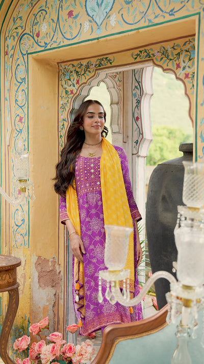 Purple and Yellow Bandhani Utsav Muslin Suit Set with Gota Work