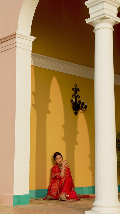 Red Bandhani Nazakat Sharara Set with Gota Patti Work and Scallope Kurta
