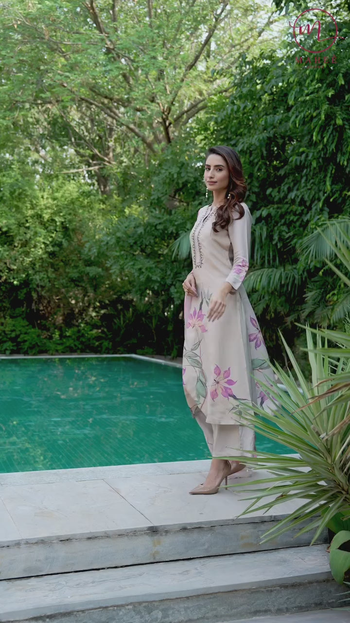 Pure Muslin Almond Bloom Print Suit Set with Thread Moti and Tari work