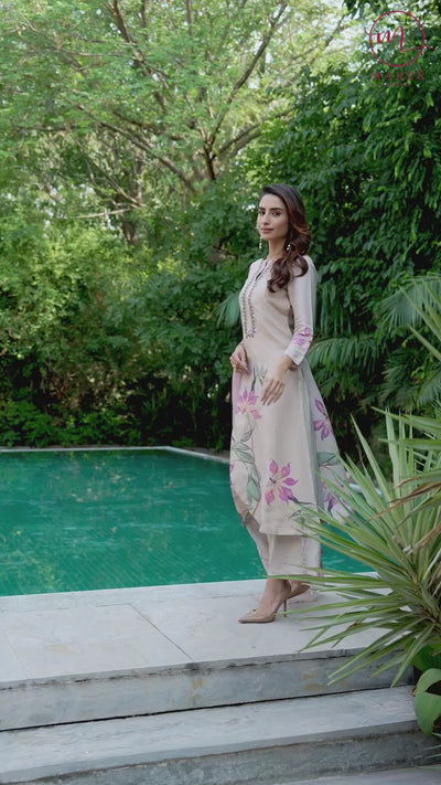 Pure Muslin Almond Bloom Print Suit Set with Thread Moti and Tari work
