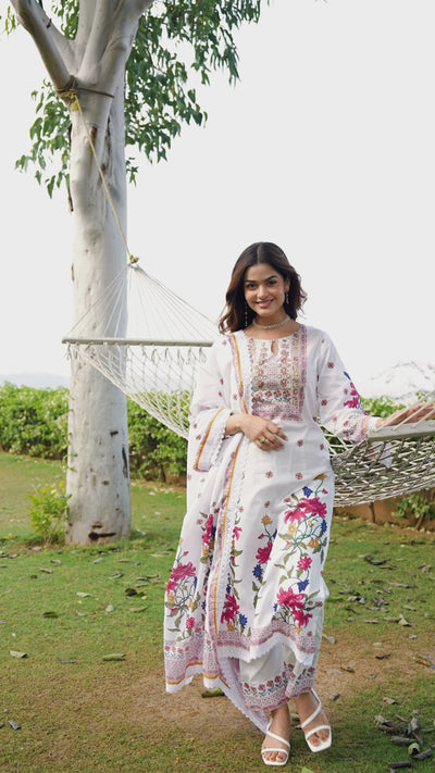 White Floral Print Pure Mul Cotton Suit Set with Lining