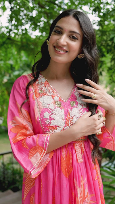 Bold Pink Floral Print with Pearl Work Kurta and Flared Palazzo