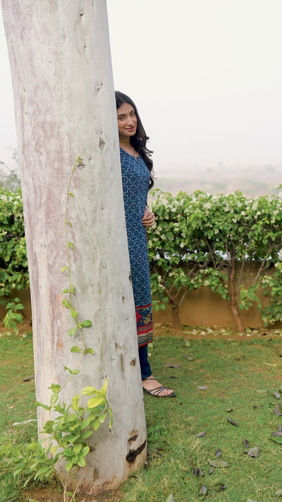 Royal Blue Ajrakh With Floral Print Dupatta Muslin Suit Set