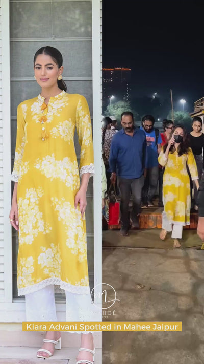 Kiara Advani in Yellow Bloom Muslin Kurti with Alluring lace and Schiffli pants