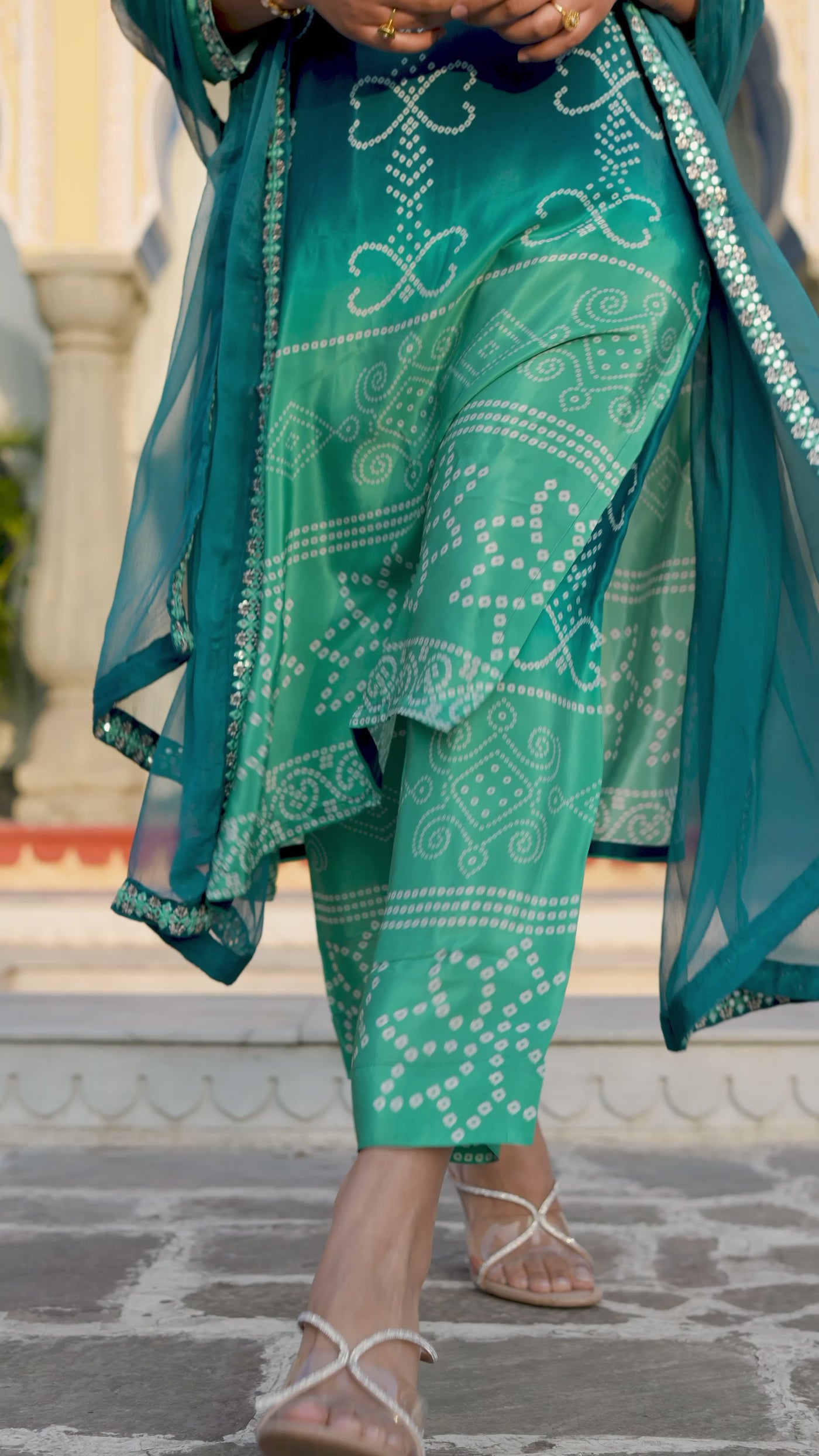 Blue and Green  Ombré Pure Crepe Bandhani Suit Set