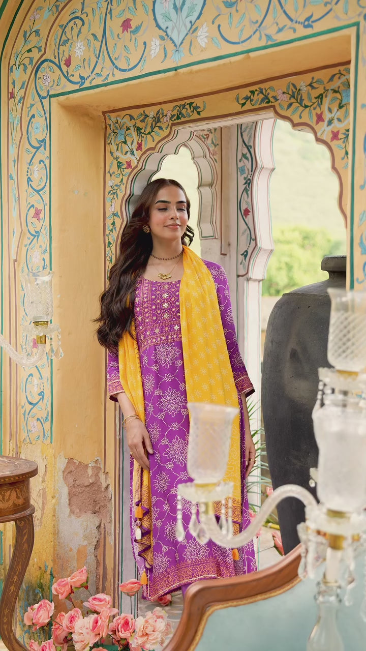 Purple and Yellow Bandhani Utsav Muslin Suit Set with Gota Work