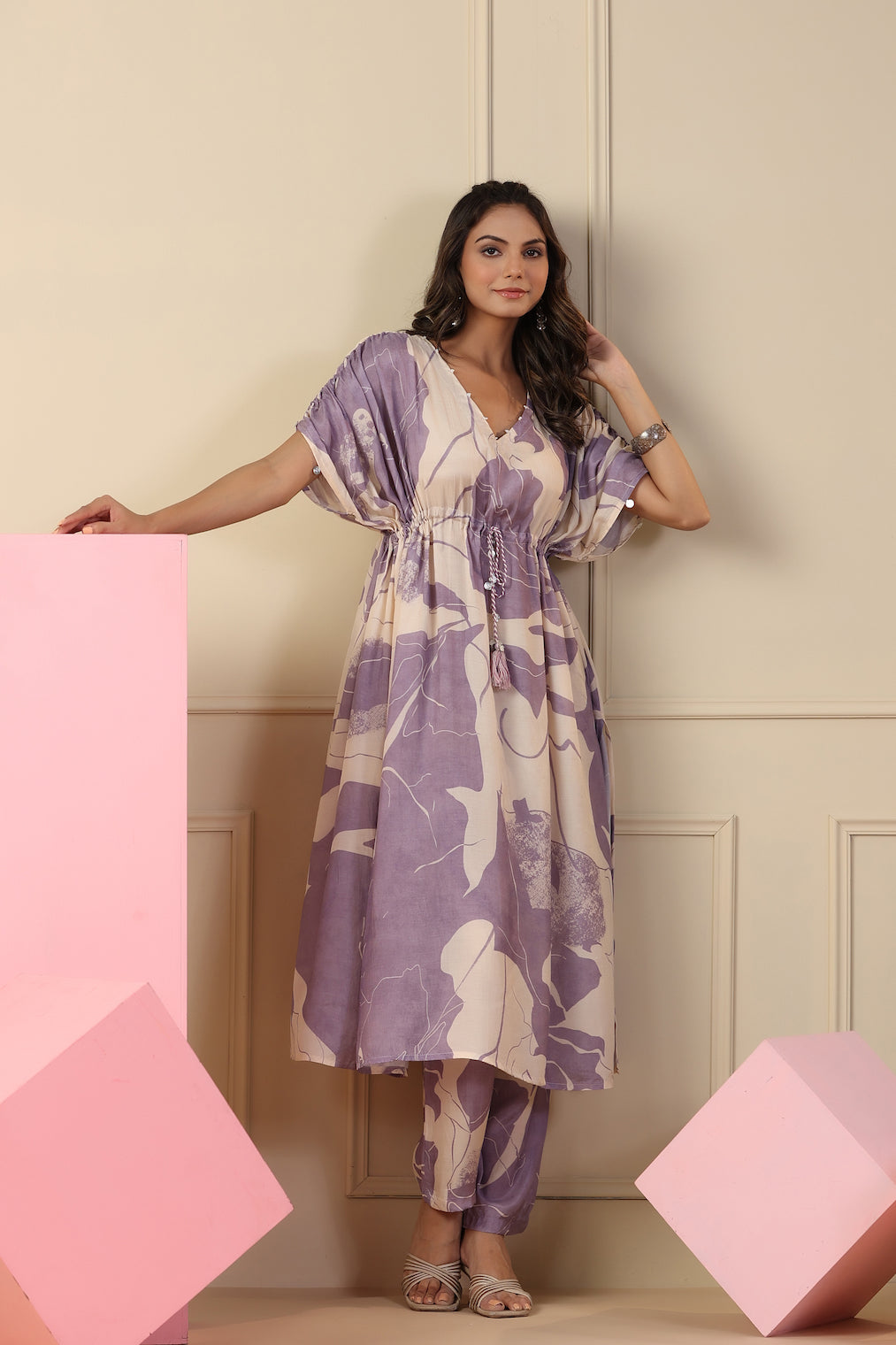 Purple Floral Print Kaftan Co-ord Set