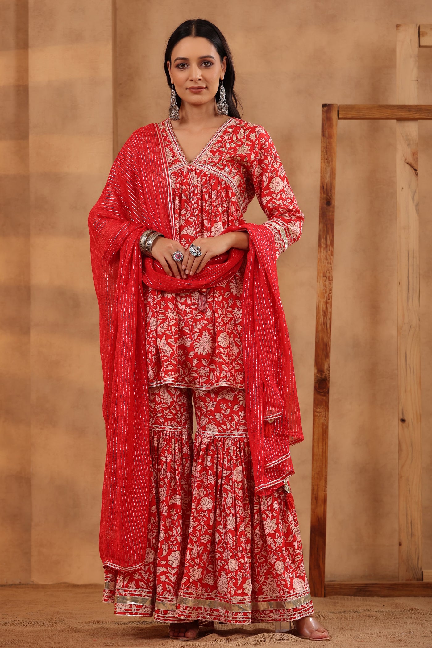 Red Sharara Set with Gota & Sequins Work & Chiffon Dupatta