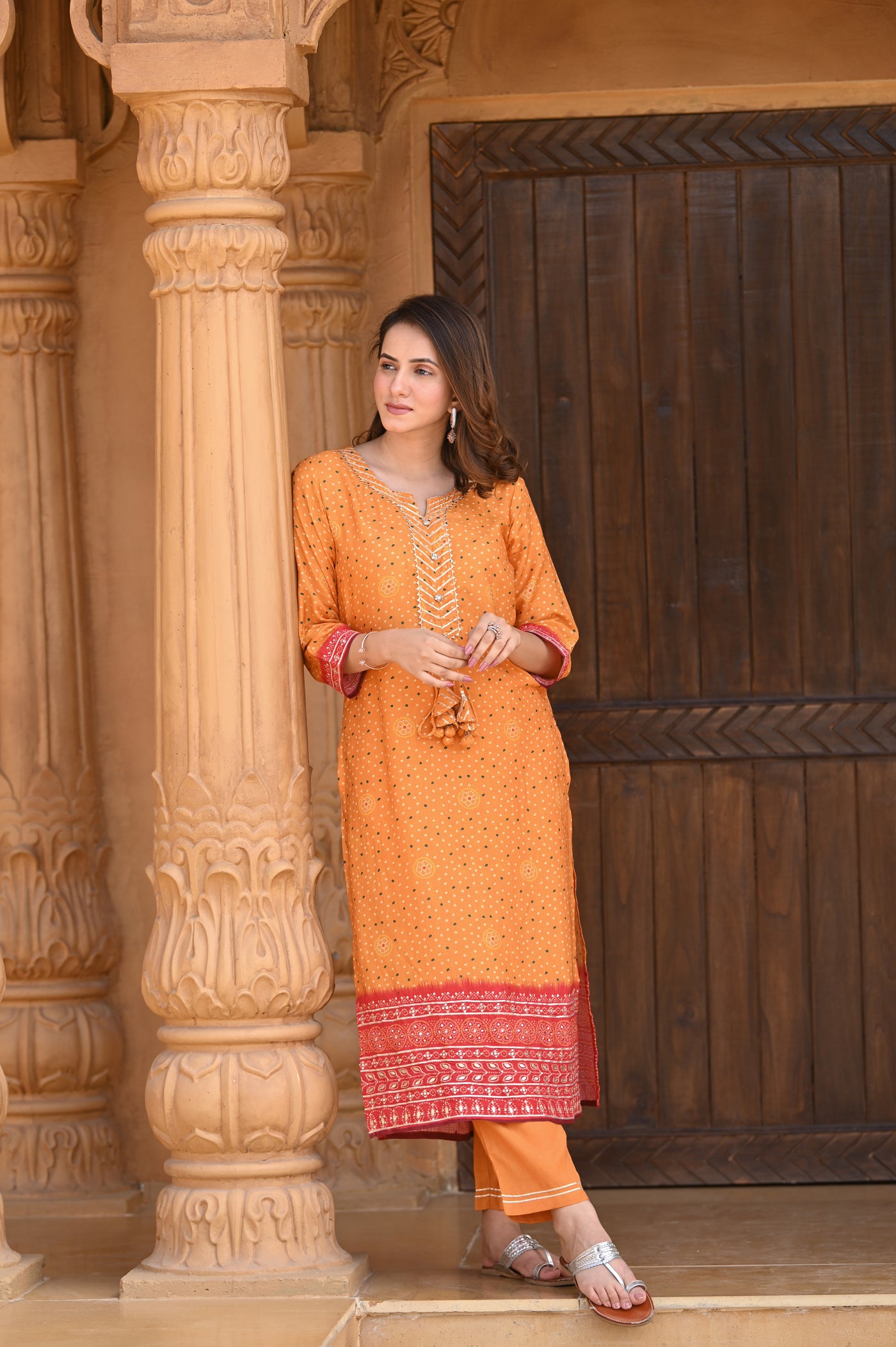 Yellow Jharoka Ombre Muslin Kurta Set with Gota Work & Tassels