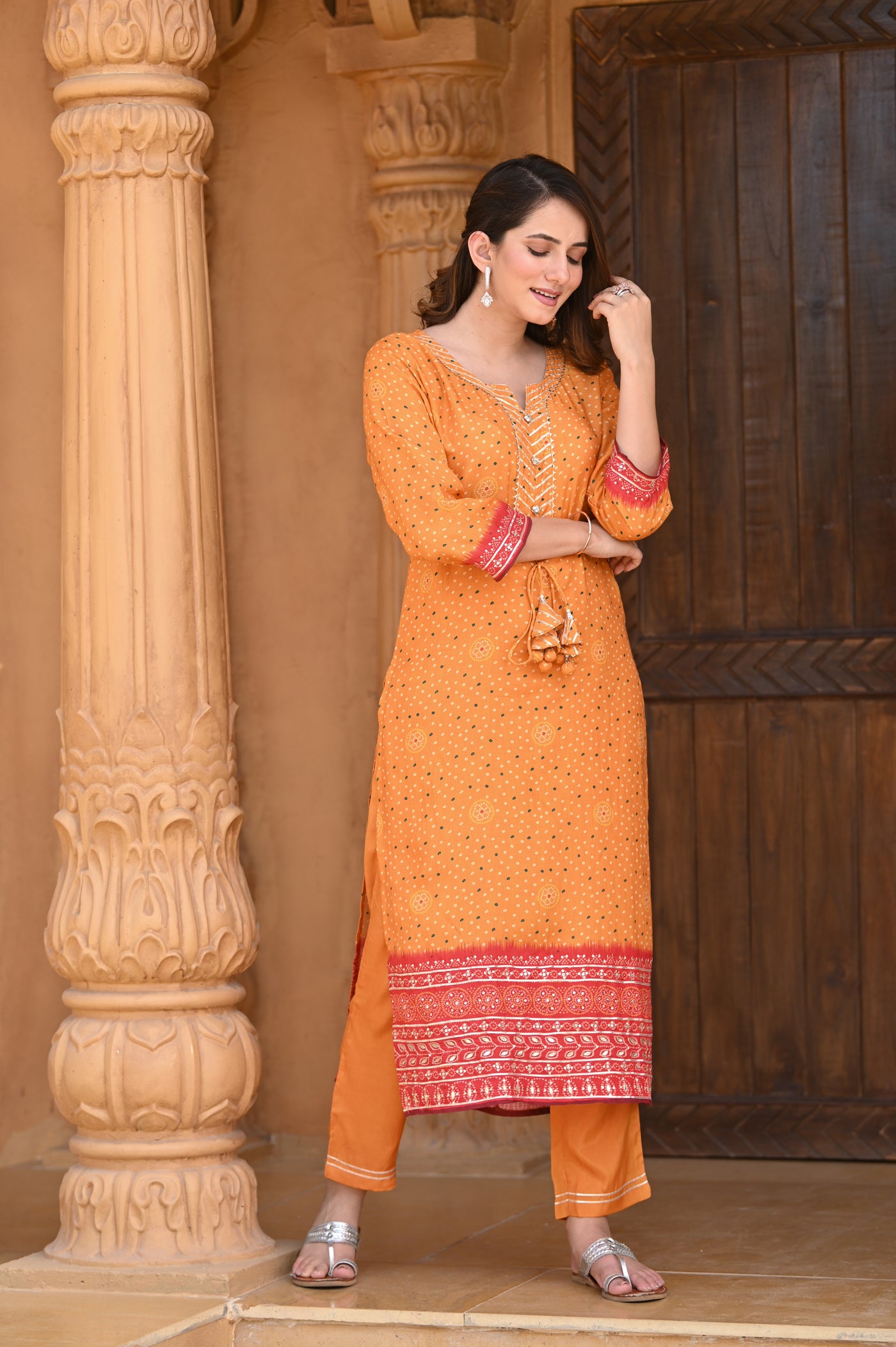 Yellow Jharoka Ombre Muslin Kurta Set with Gota Work & Tassels