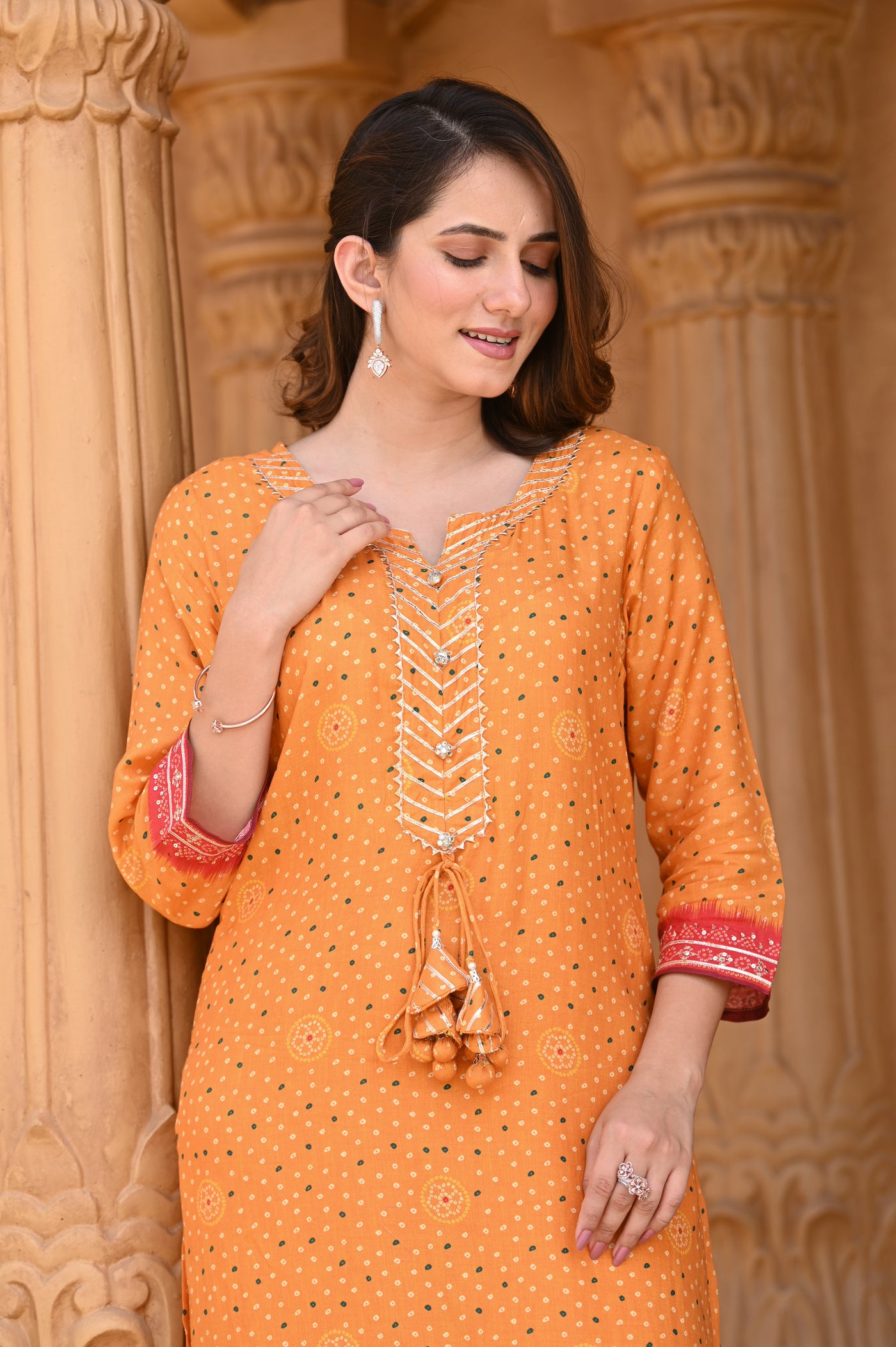 Yellow Jharoka Ombre Muslin Kurta Set with Gota Work & Tassels