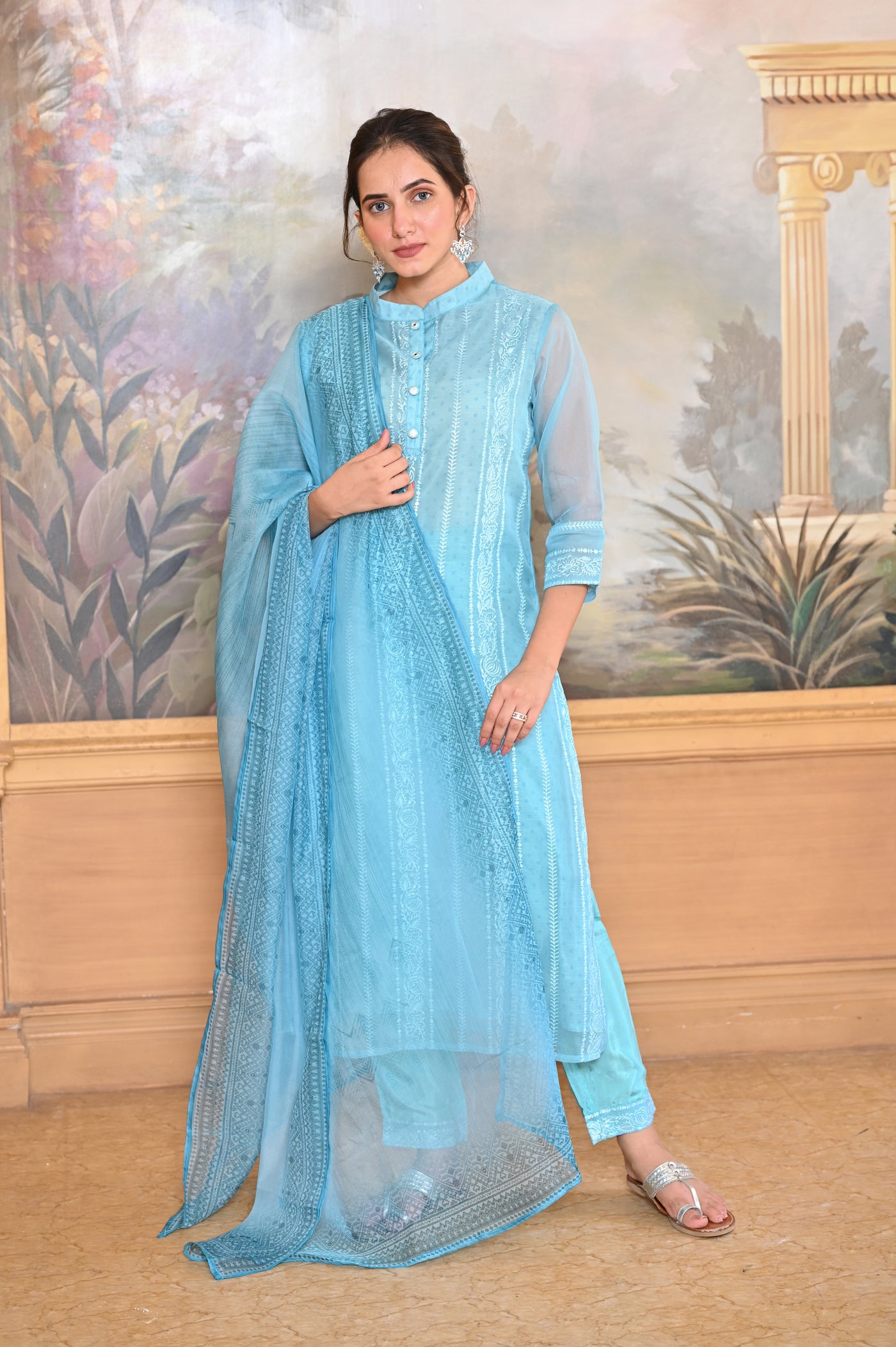 Aaina Organza Suit Set (Sea Green)