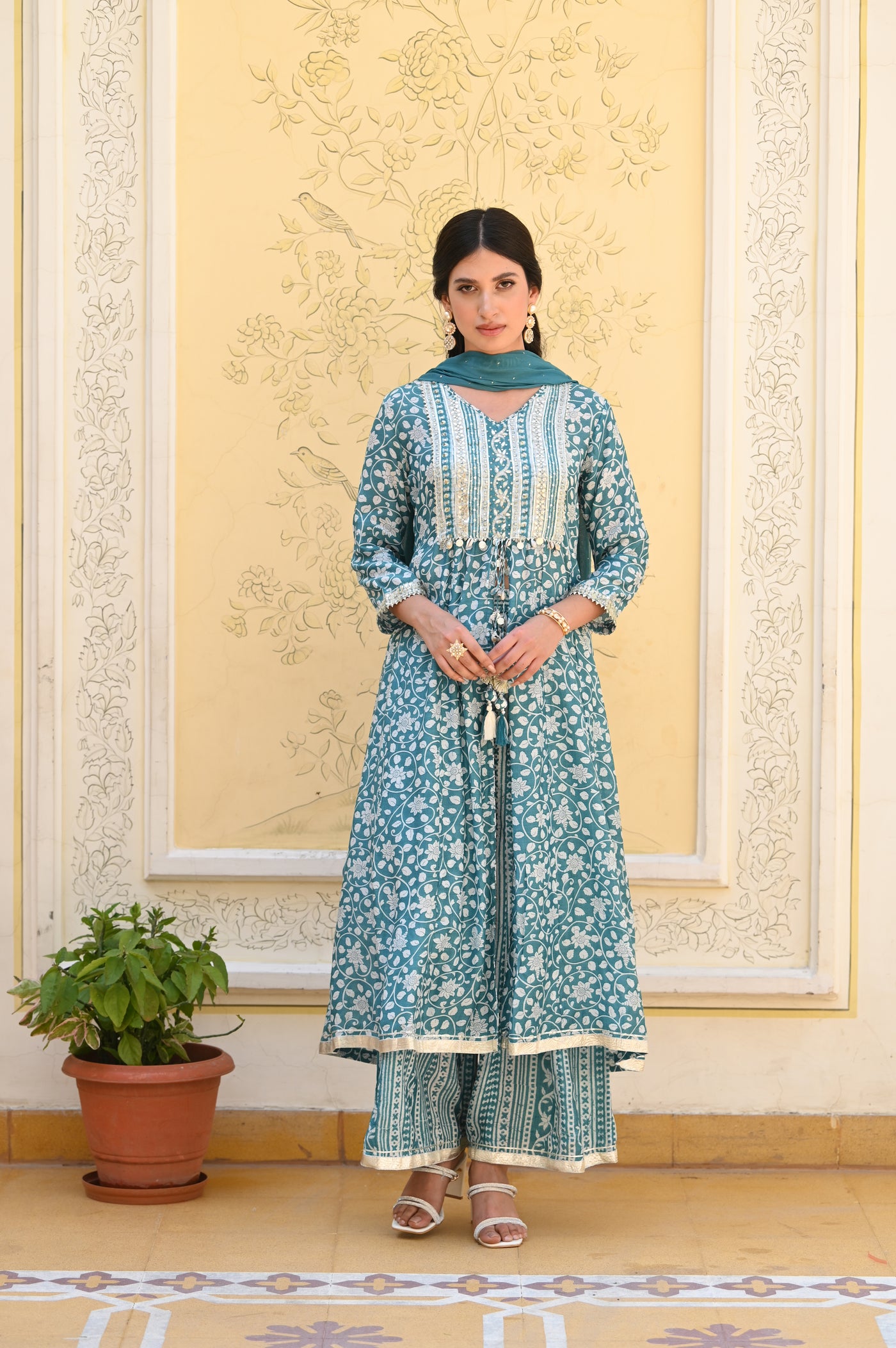 Sea Blue Safina Muslin Suit Set with Sequins & Gota Work