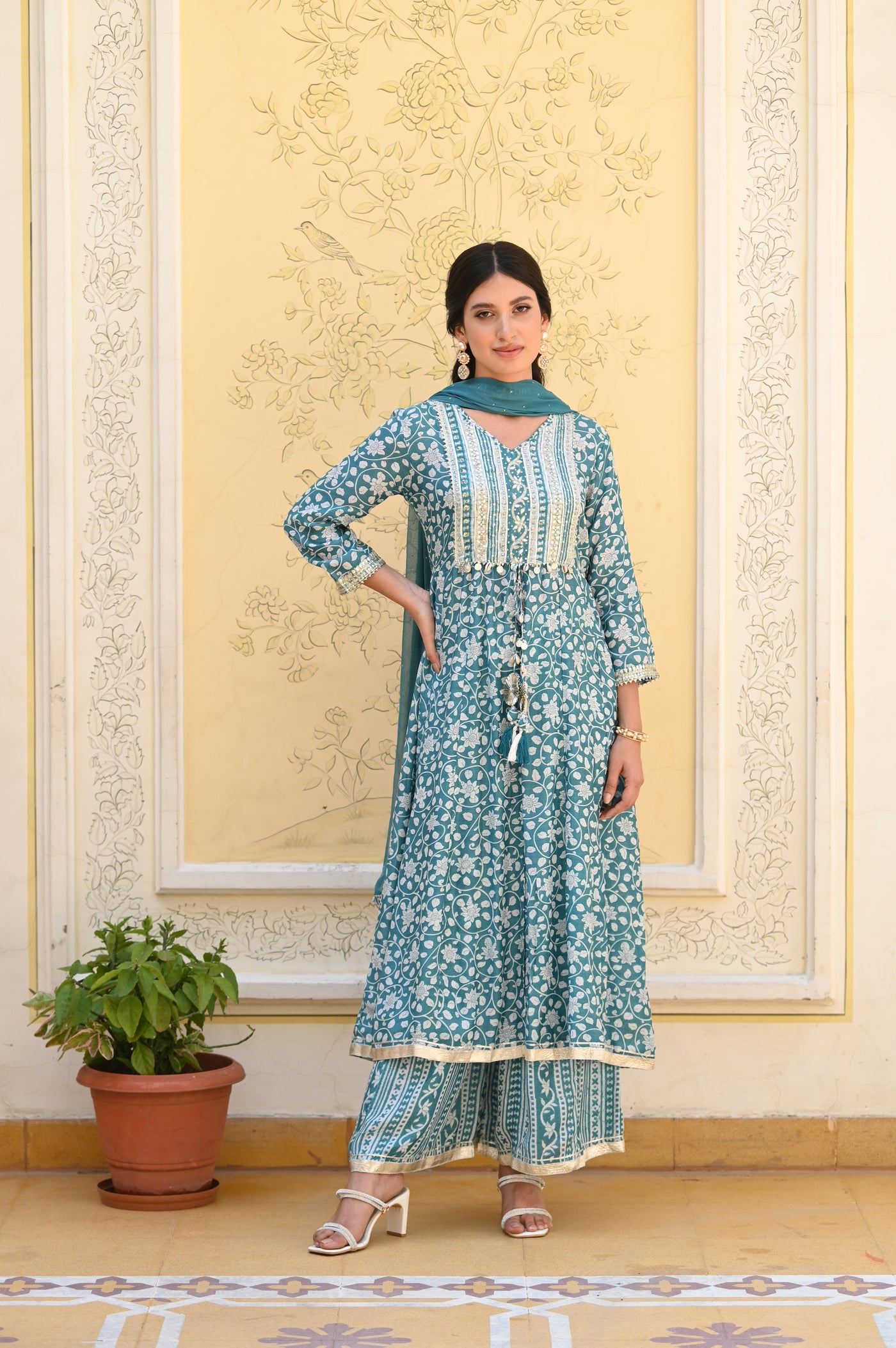 Sea Blue Safina Muslin Suit Set with Sequins & Gota Work