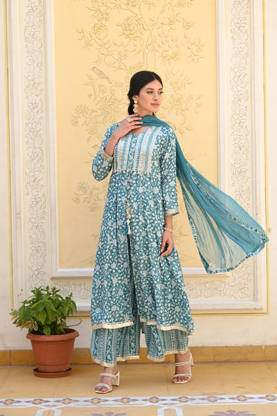 Sea Blue Safina Muslin Suit Set with Sequins & Gota Work