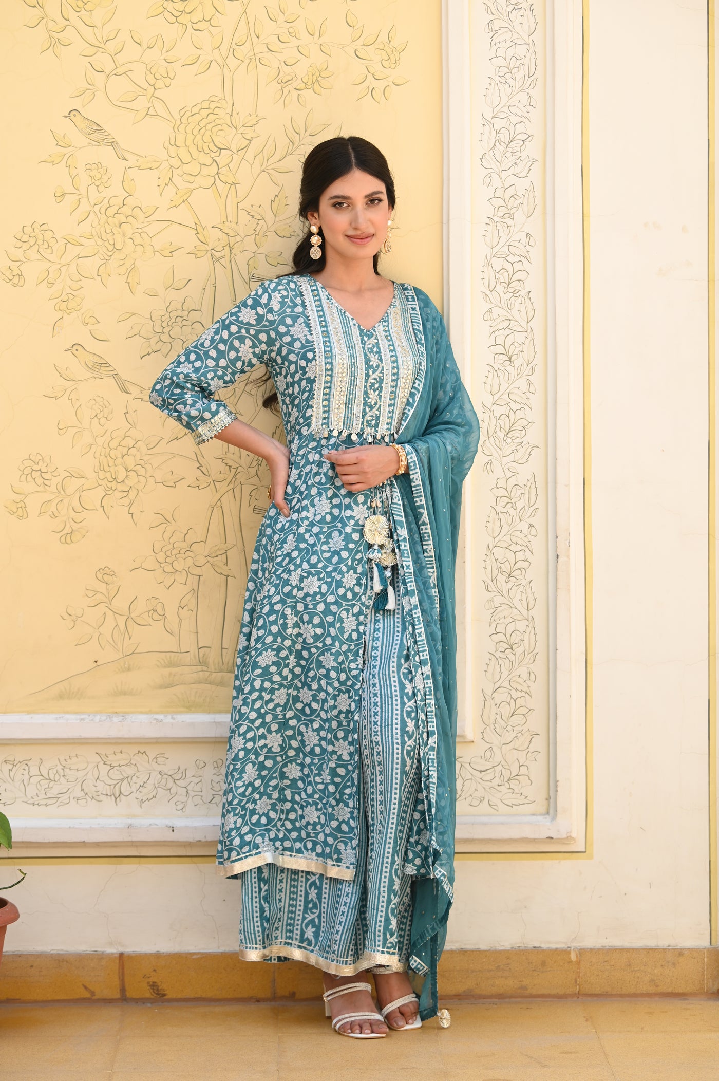 Sea Blue Safina Muslin Suit Set with Sequins & Gota Work