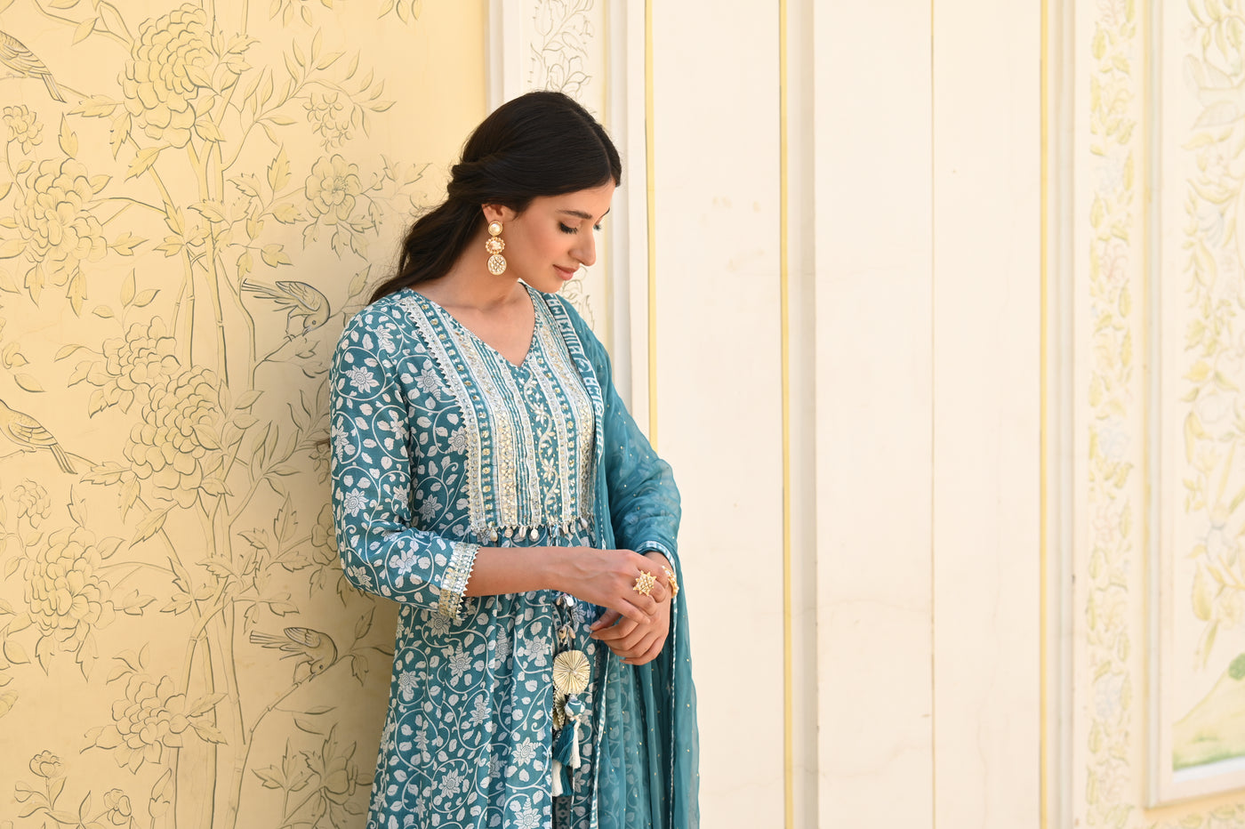 Sea Blue Safina Muslin Suit Set with Sequins & Gota Work