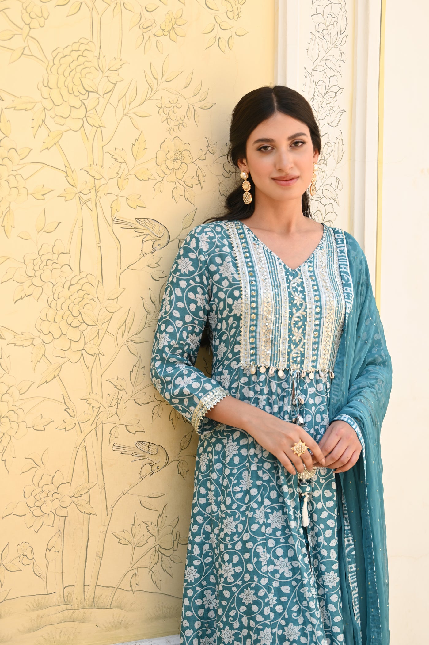 Sea Blue Safina Muslin Suit Set with Sequins & Gota Work