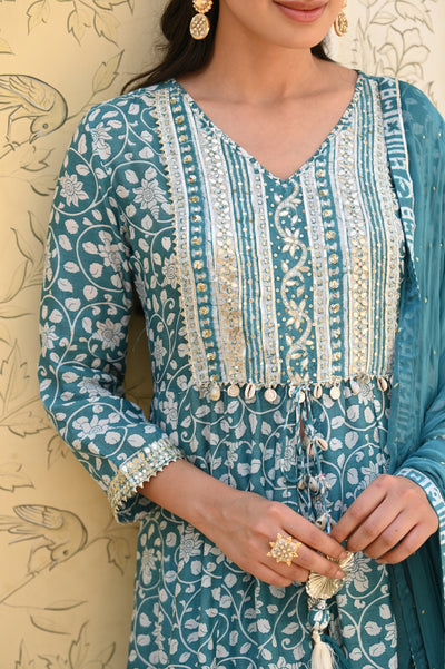 Sea Blue Safina Muslin Suit Set with Sequins & Gota Work