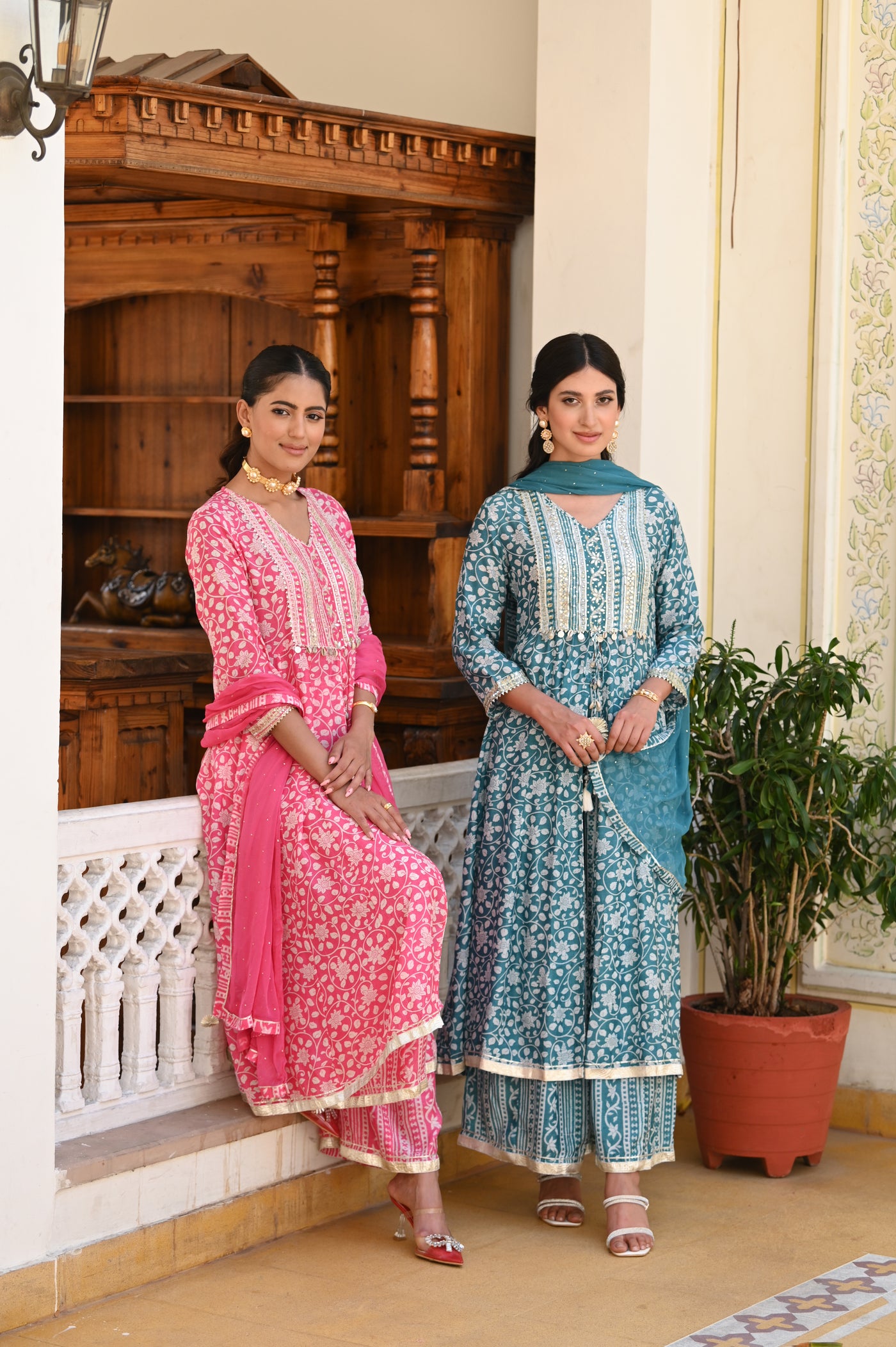 Sea Blue Safina Muslin Suit Set with Sequins & Gota Work