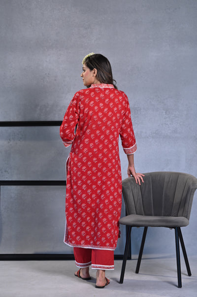 Red Mogra Handblock Mul Cotton Kurta Set