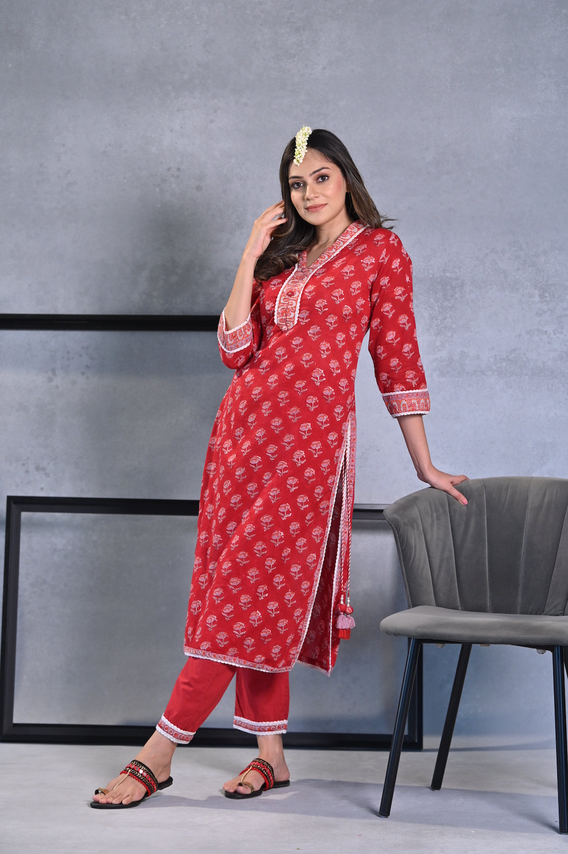 Red Mogra Handblock Mul Cotton Kurta Set