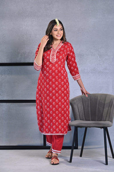 Red Mogra Handblock Mul Cotton Kurta Set