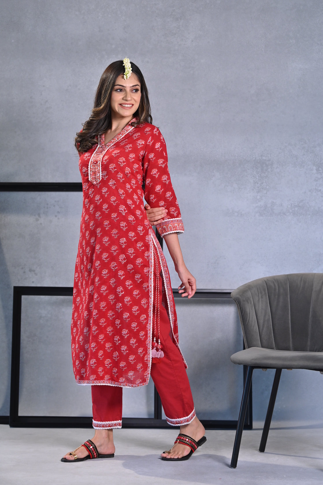 Red Mogra Handblock Mul Cotton Kurta Set