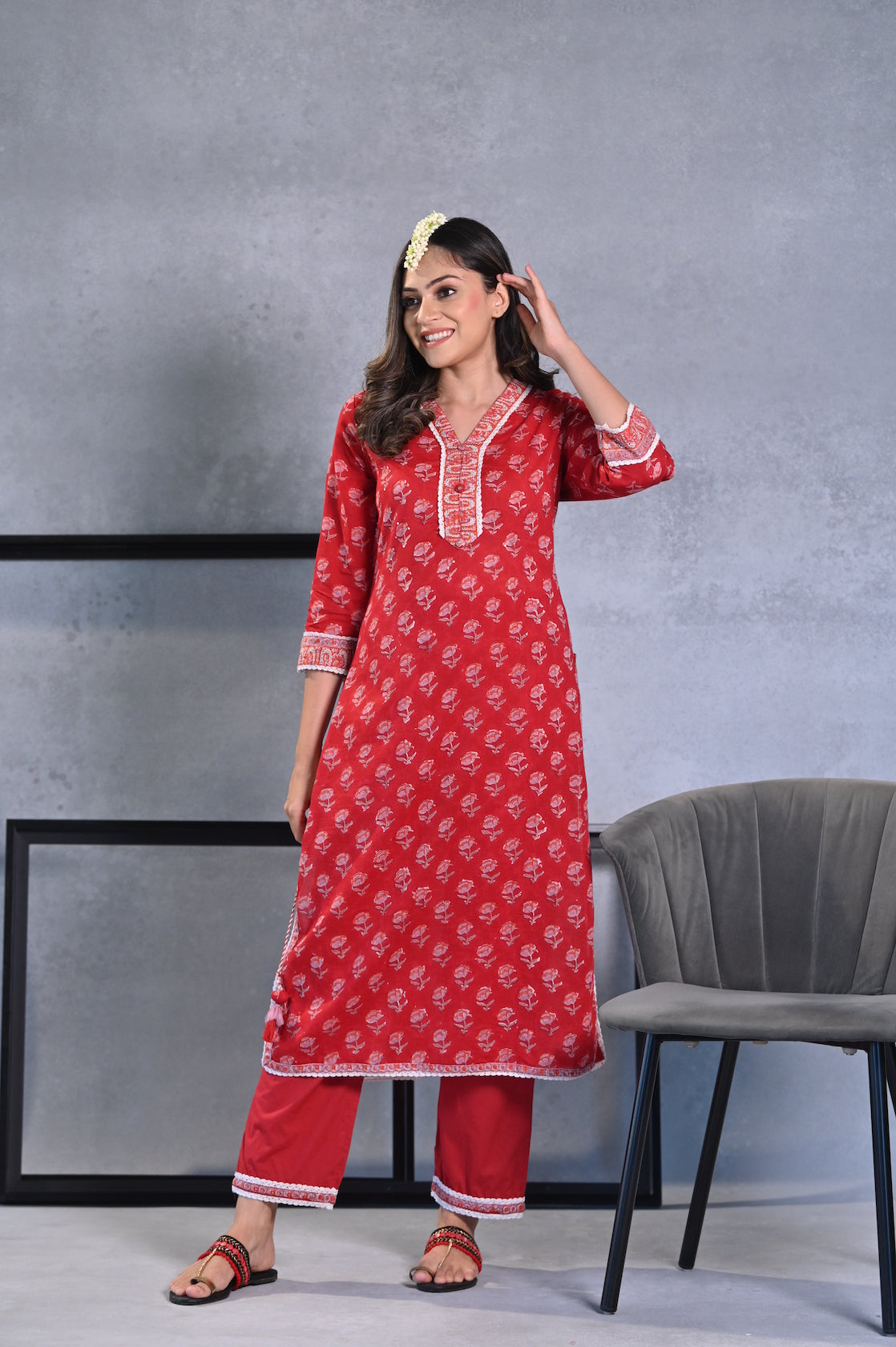 Red Mogra Handblock Mul Cotton Kurta Set