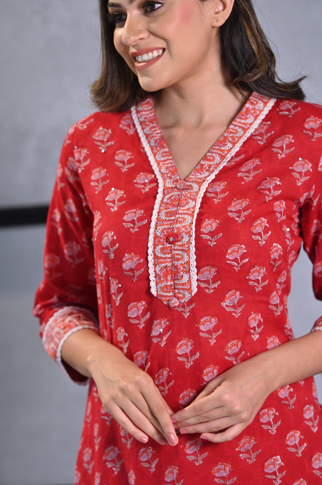 Red Mogra Handblock Mul Cotton Kurta Set