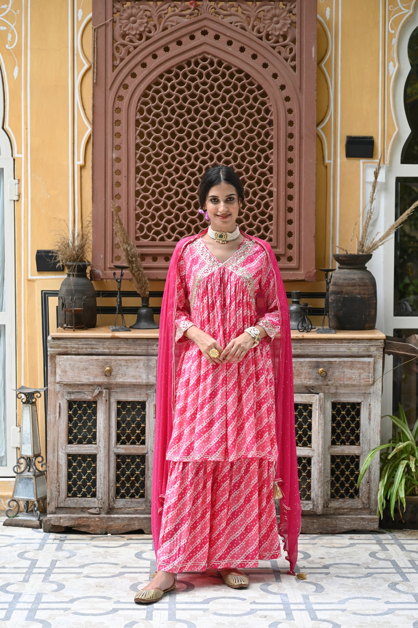 Pink Muslin Bandhini Sharara Set