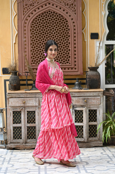 Pink Muslin Bandhini Sharara Set