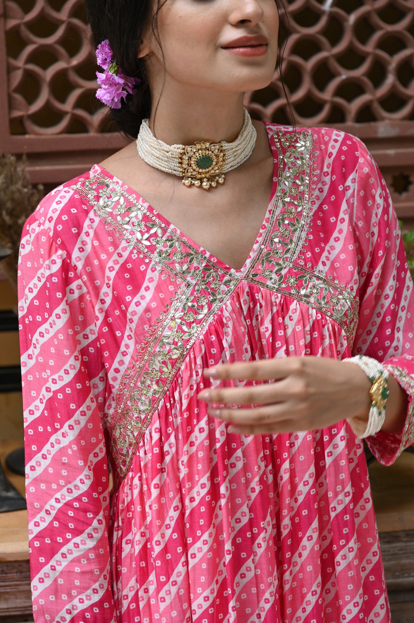 Pink Muslin Bandhini Sharara Set