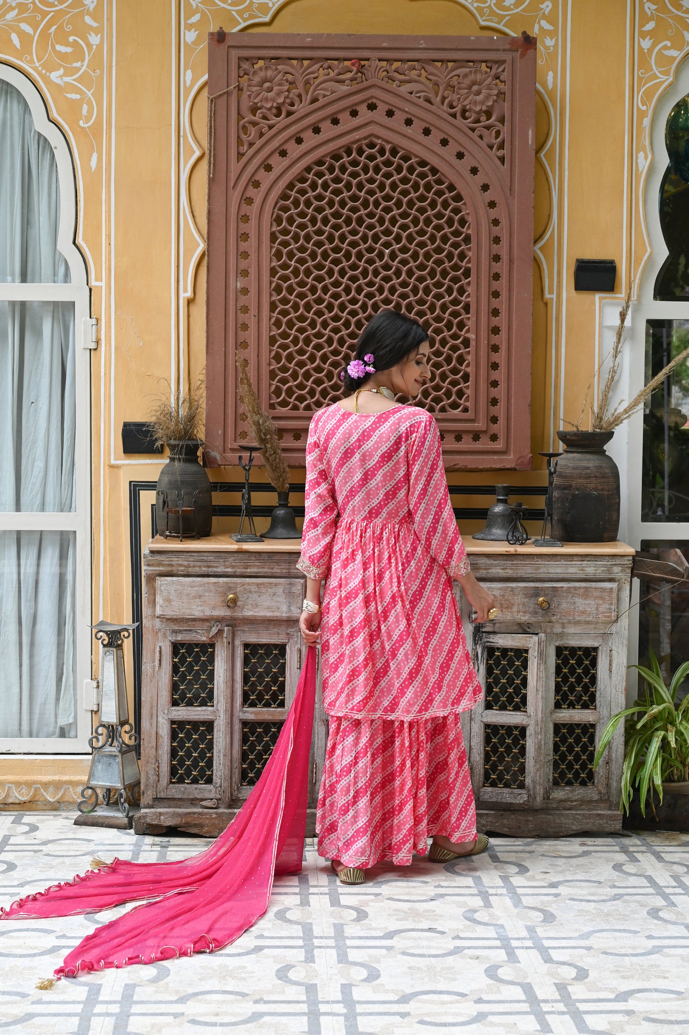 Pink Muslin Bandhini Sharara Set