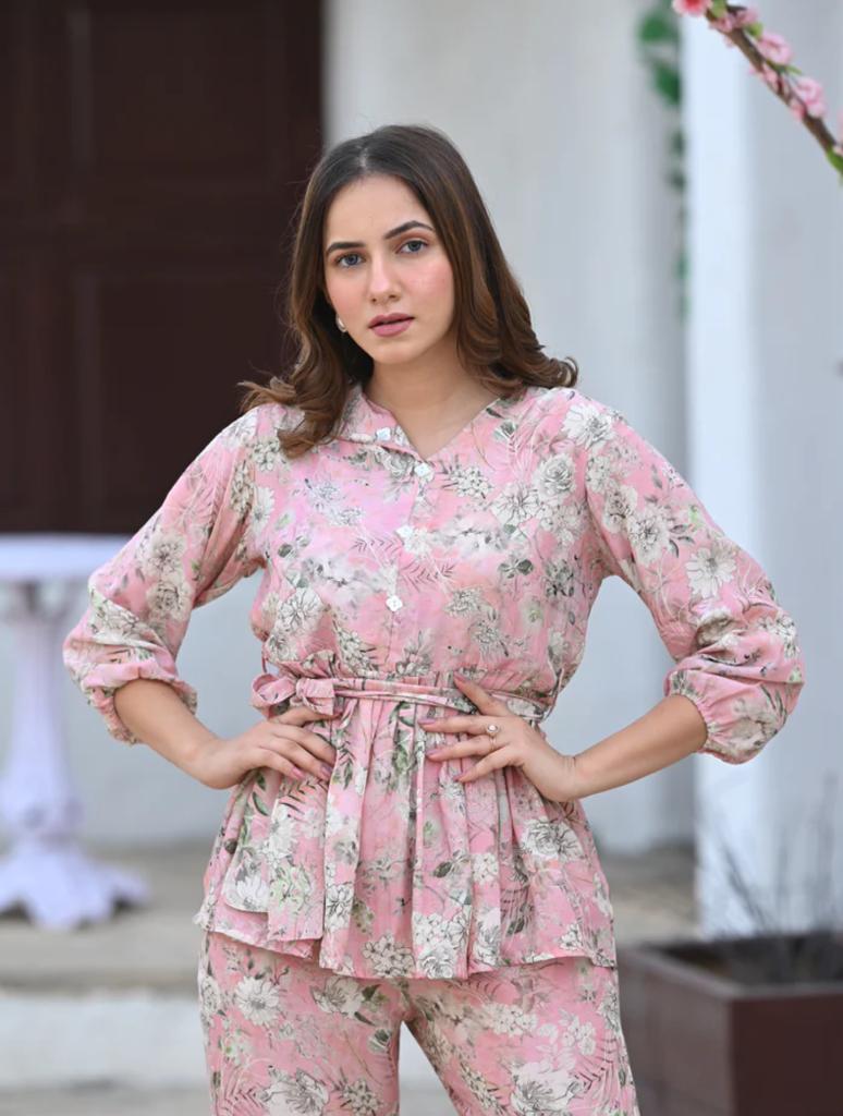 Pink Floral Print Kaftan Set