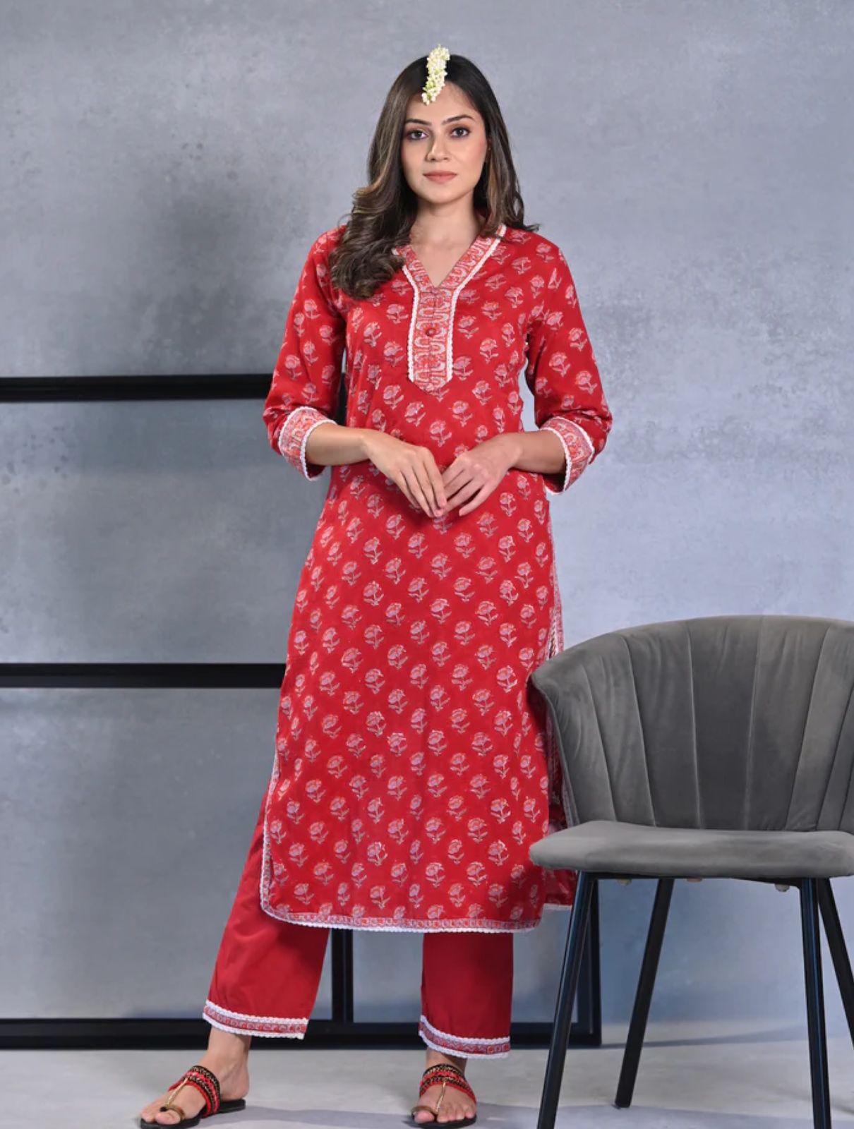 Red Mogra Handblock Mul Cotton Kurta Set